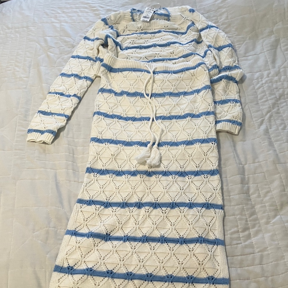 Blue and White knit set with sweater cropped top and maxi skirt